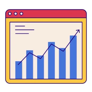 Icon of a web browser window displaying a bar and line graph with an upward trend, indicating growth or positive performance