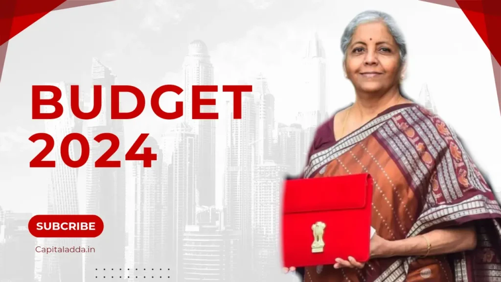 The image features Indian Finance Minister Nirmala Sitharaman holding a red budget briefcase with the national emblem. The background shows a city skyline with tall buildings. Bold red text reads "BUDGET 2024," and there is a red button below that says "SUBSCRIBE," with "Capitaladda.in" written underneath it. The overall design suggests an announcement or discussion about the upcoming 2024 budget.